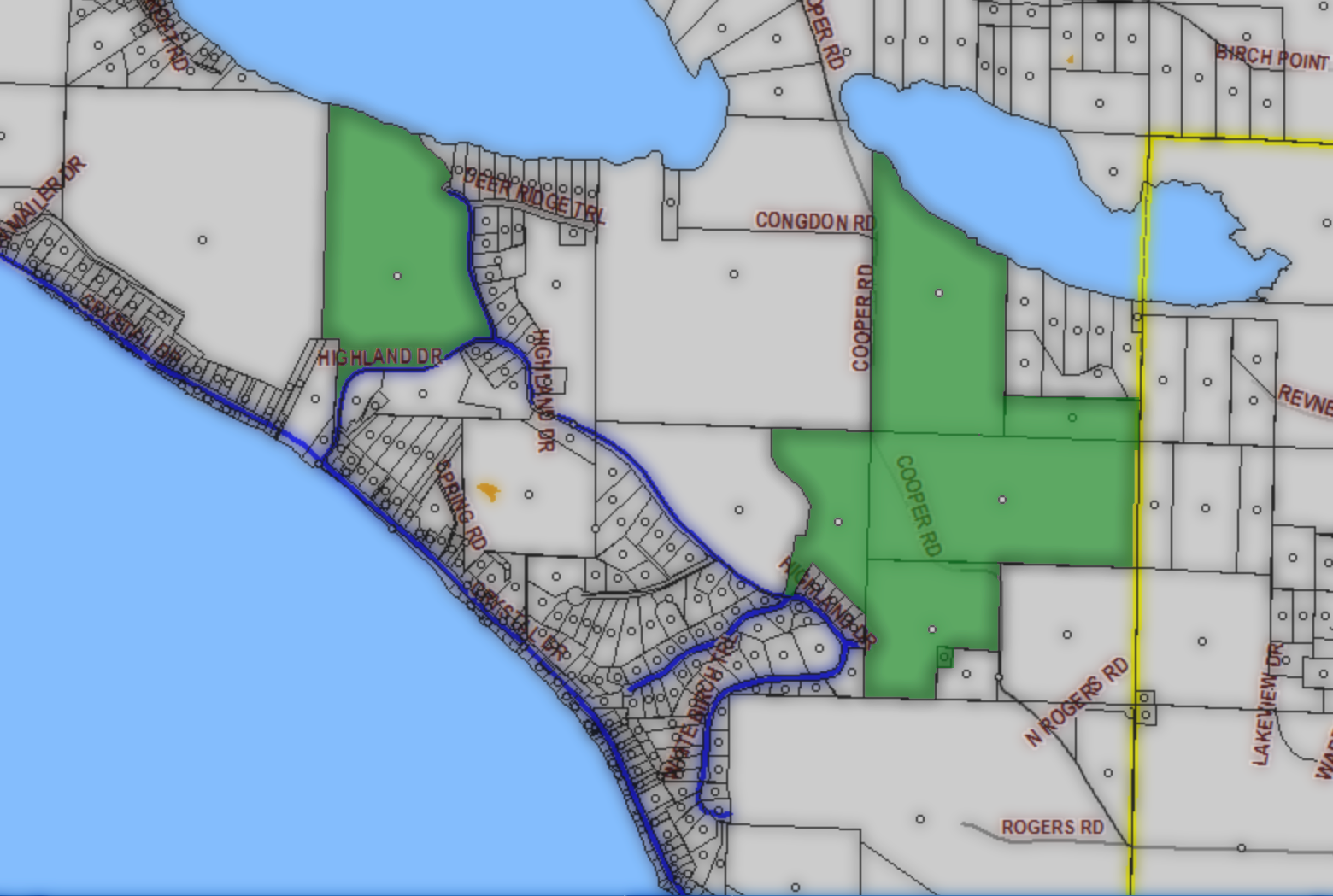 Map north shore of Crystal Lake and south shores of Long and Rush Lakes